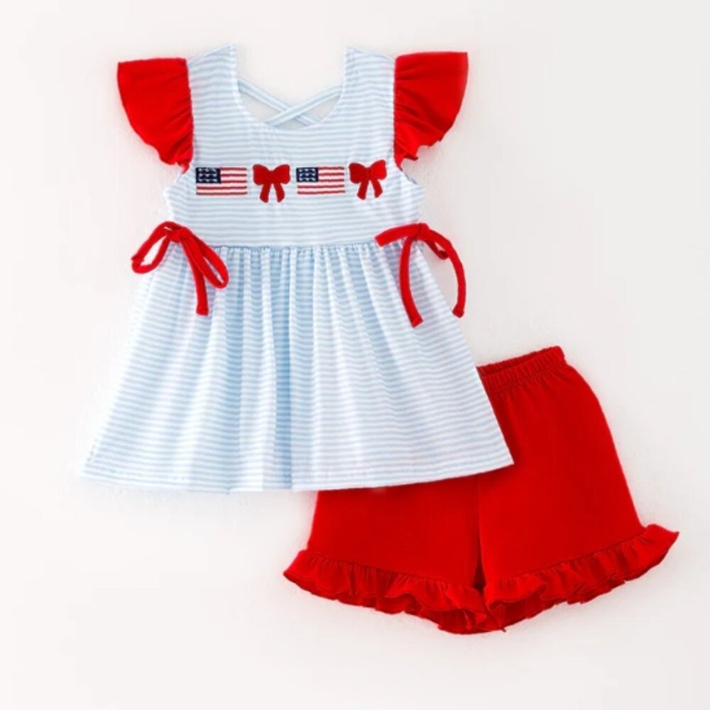 Boutique 4th of July Patriotic Tunic Dress & Ruffle Shorts Girls Outfit Set